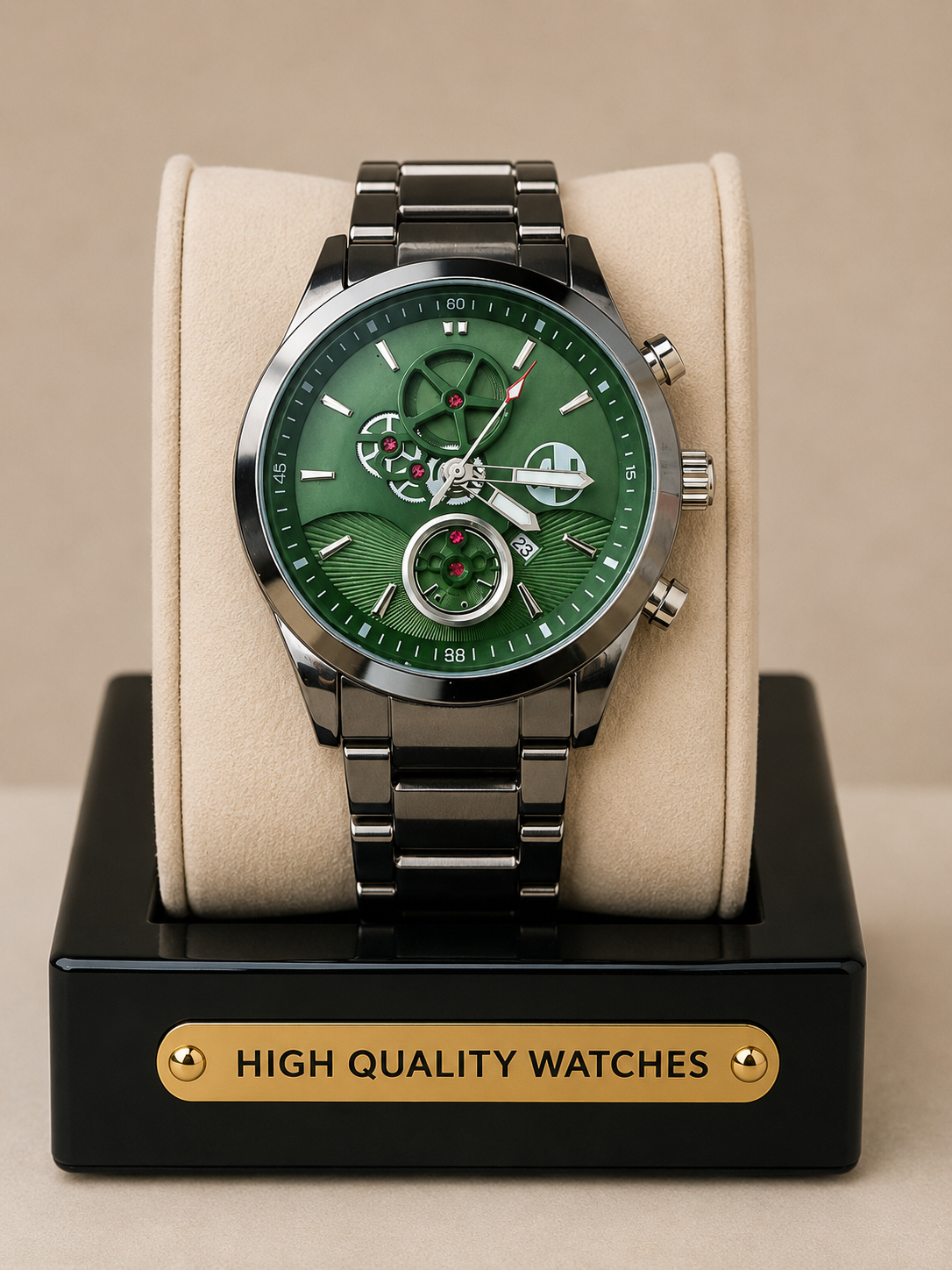 43mm Stainless Steel Watch – Green Face With Red Accents