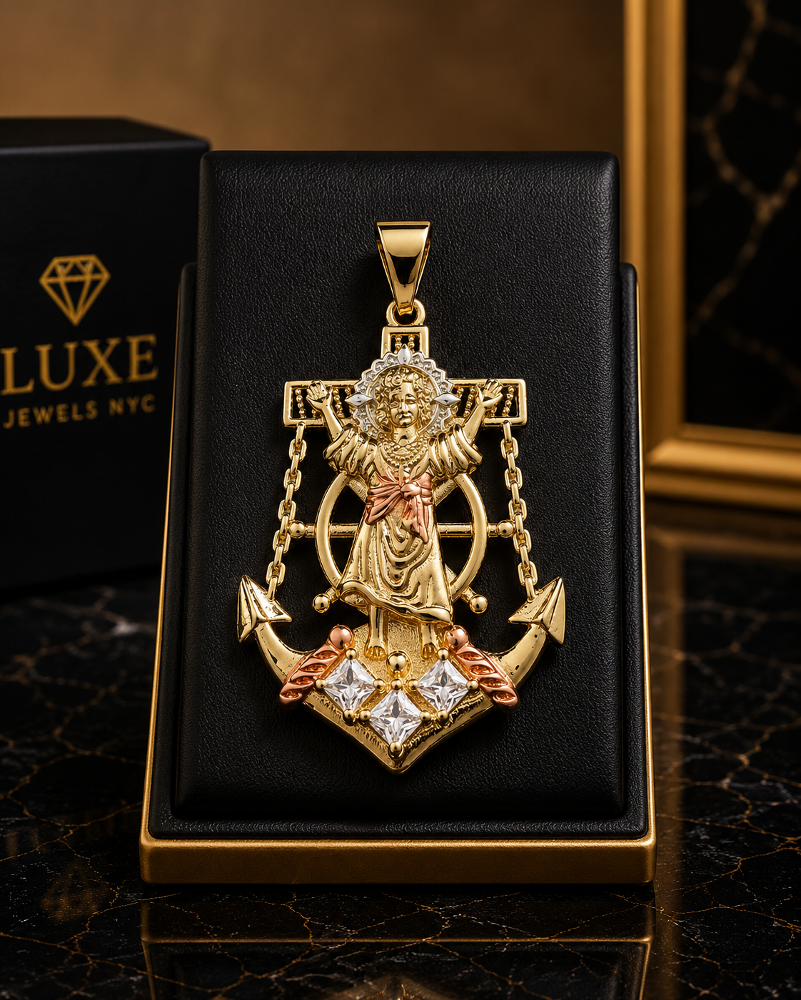 14k Gold Filled in Brass Baby Jesus VVS CZ Multi Color Anchor Pendant