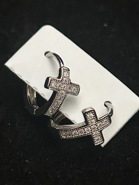 14k White Gold Small Cross Hoops